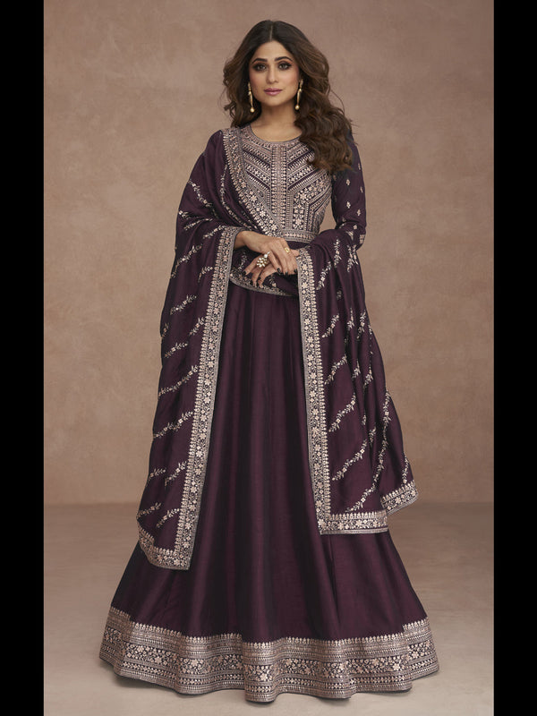 Wine Premium Silk Anarkali Dress 194133