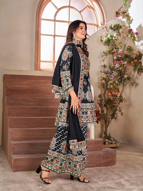 Black Heavy Cotton Muslin Palazzo Suit 194138 Closure View