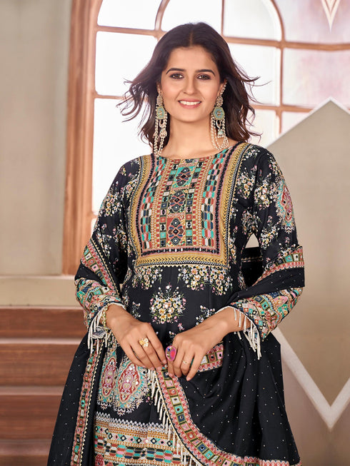 Black Heavy Cotton Muslin Palazzo Suit 194138 Salwar Kameez