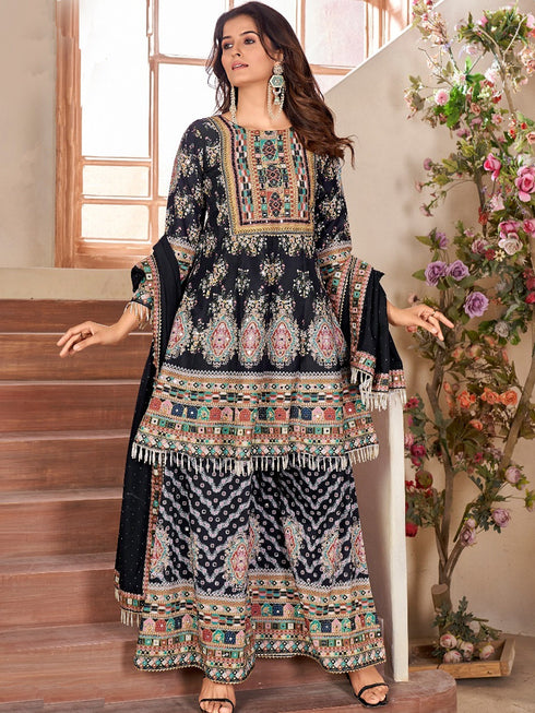 Black Heavy Cotton Muslin Palazzo Suit 194138