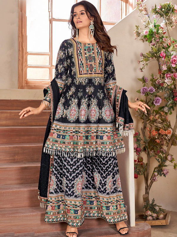 Black Heavy Cotton Muslin Palazzo Suit 194138