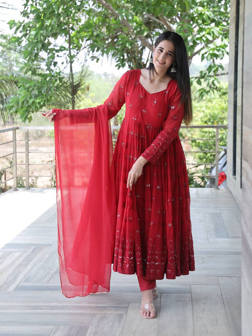 Red Georgette Anarkali Dress 194159 Closure View