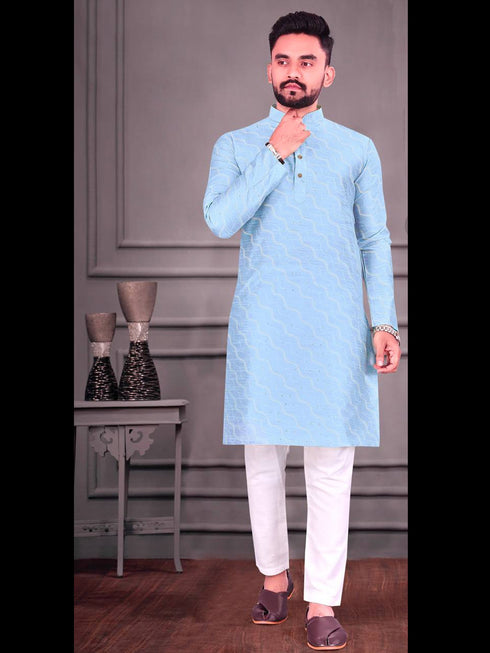 Sky Blue Kurta Jacquard Weaving Payjama