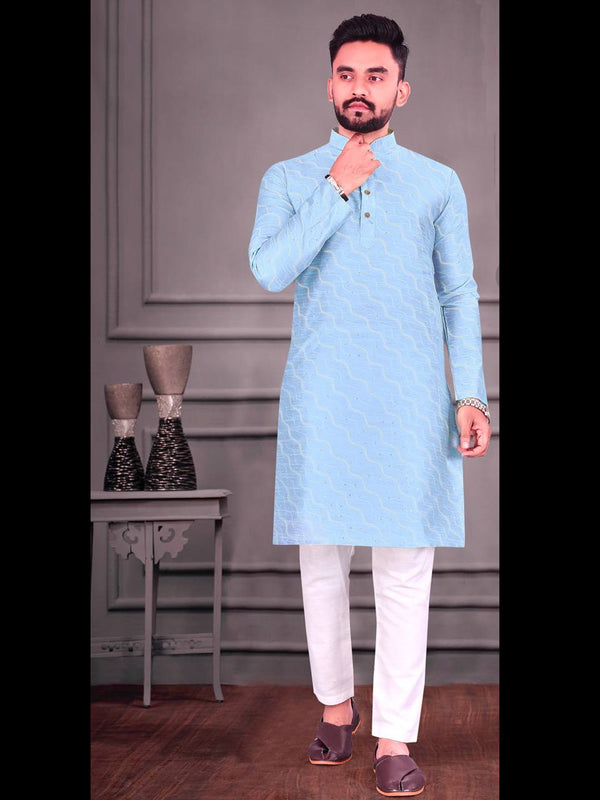 Sky Blue Kurta Jacquard Weaving Payjama