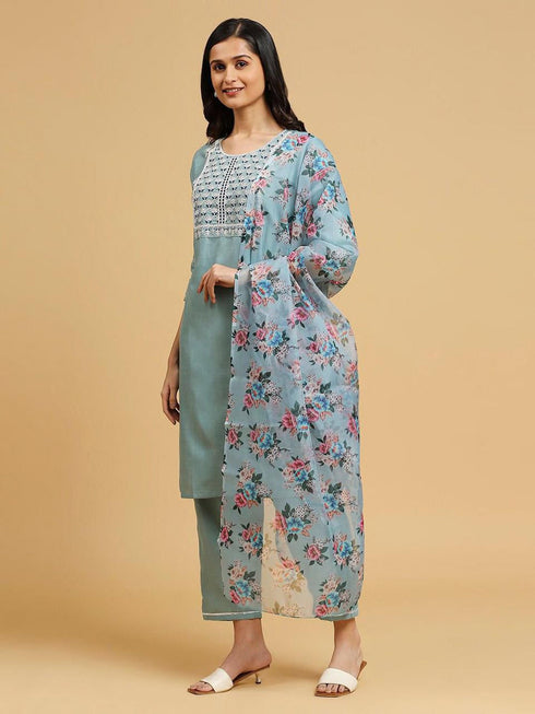 Aqua Blue Cotton Pant Suit 194203 Closure View