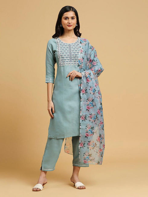 Aqua Blue Cotton Pant Suit 194203