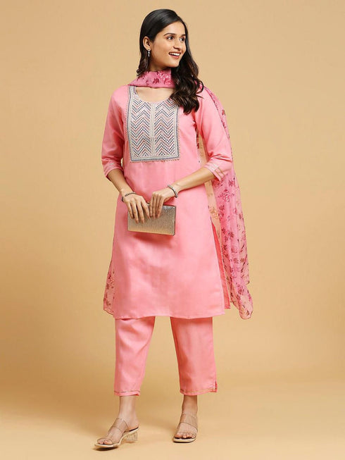 Pink Cotton Pant Suit 194206 Closure View