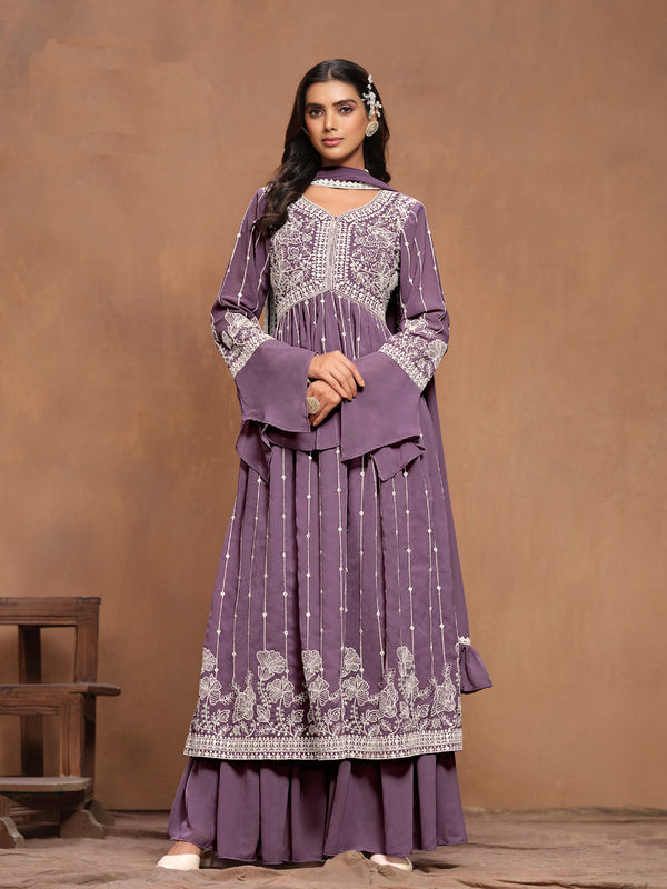 Purple Faux Georgette Sharara Suit 194253