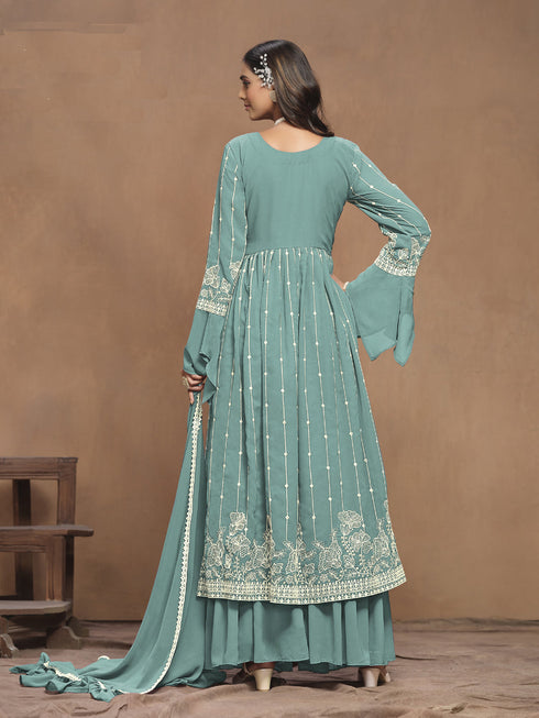 Sky Blue Faux Georgette Sharara Suit 194254 Closure View