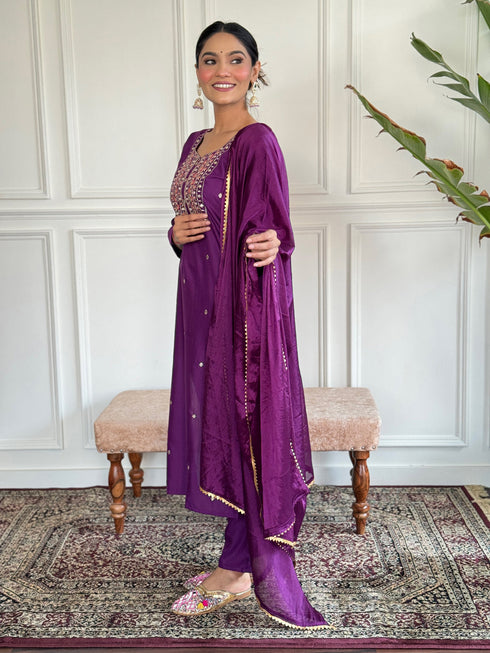 Purple Rayon Slub Pant Suit 194259 Closure View
