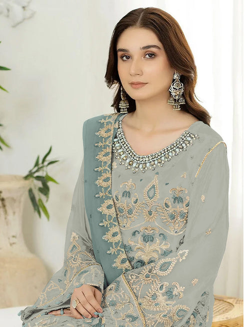 Light Blue Heavy Fox Georgette Pant Suit 194355 Closure View