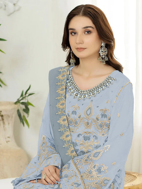 Light Sky Blue Heavy Fox Georgette Pant Suit 194357 Closure View