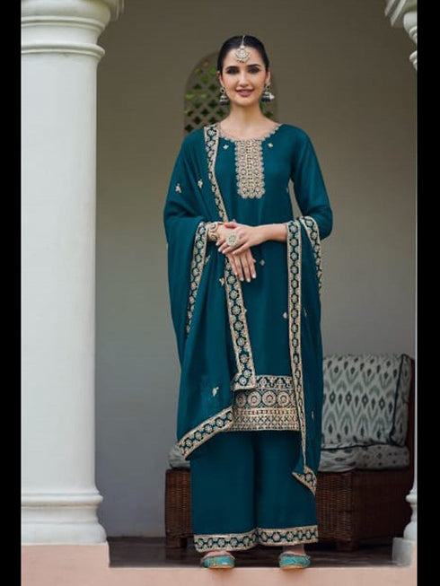 Teal Real Georgette Palazzo Suit 194508