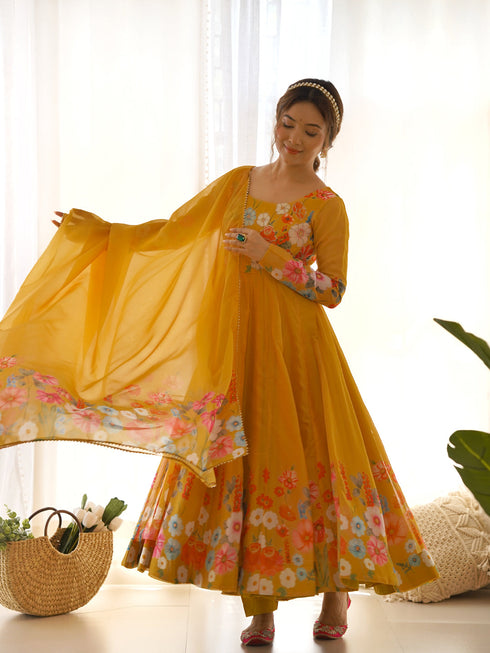 Mustard Heavy Pure Soft Organza Silk Anarkali Suit 194897