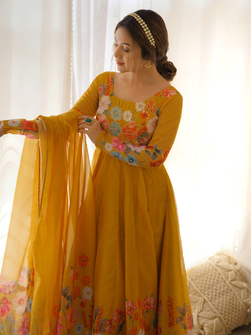 Mustard Heavy Pure Soft Organza Silk Anarkali Suit 194897 Salwar Kameez