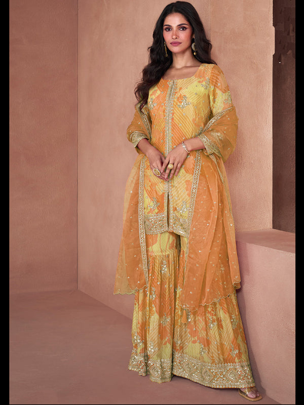 Yellow Heavy Fox Georgette Sharara Suit 195047