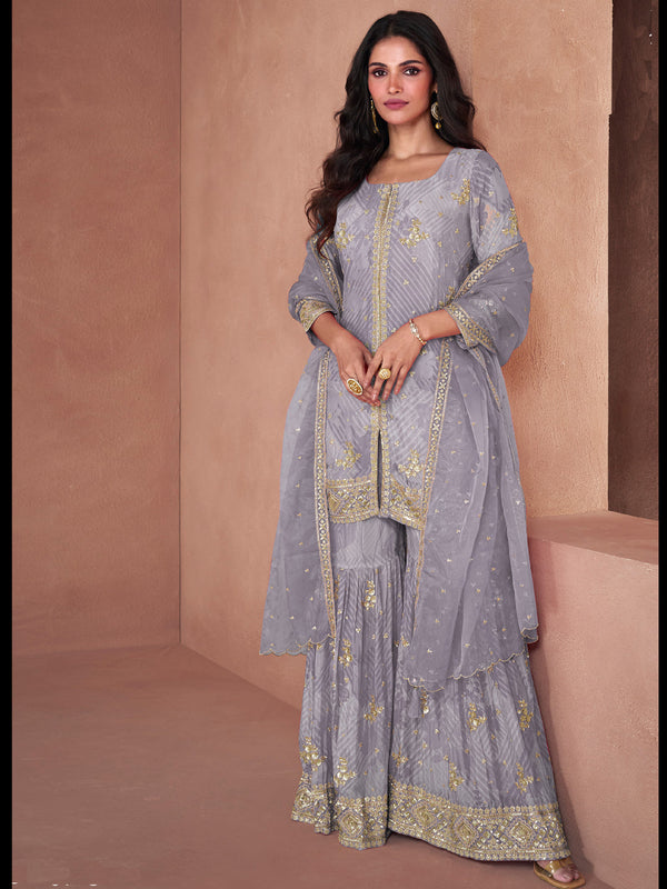 Grey Heavy Fox Georgette Sharara Suit 195049
