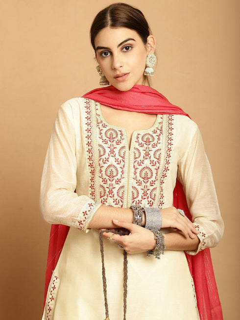 Cream Chanderi Palazzo Suit 195120 Back View