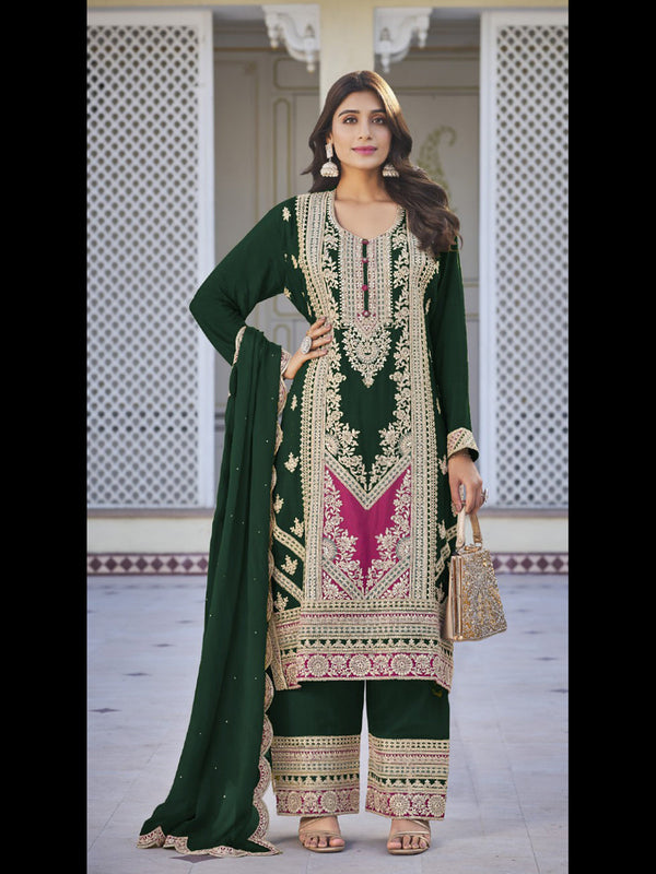 Mehendi Green Heavy Chinon Palazzo Suit 195155
