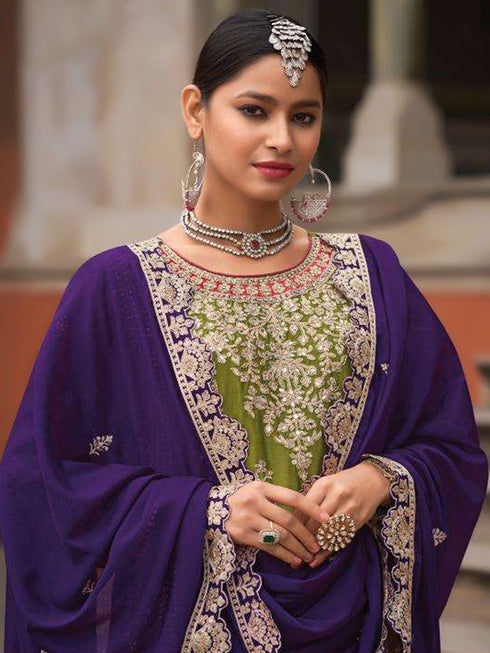 Mehendi Green Heavy Chinon Palazzo Suit 195157 Closure View