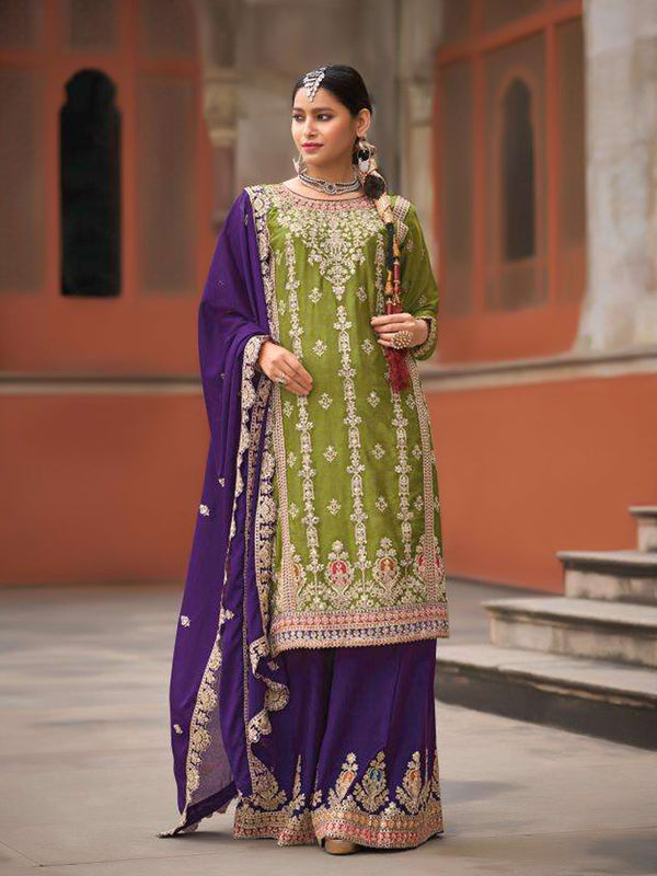 Mehendi Green Heavy Chinon Palazzo Suit 195157