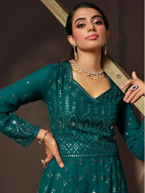 Teal Heavy Georgette Anarkali Dress 195187 Closure View