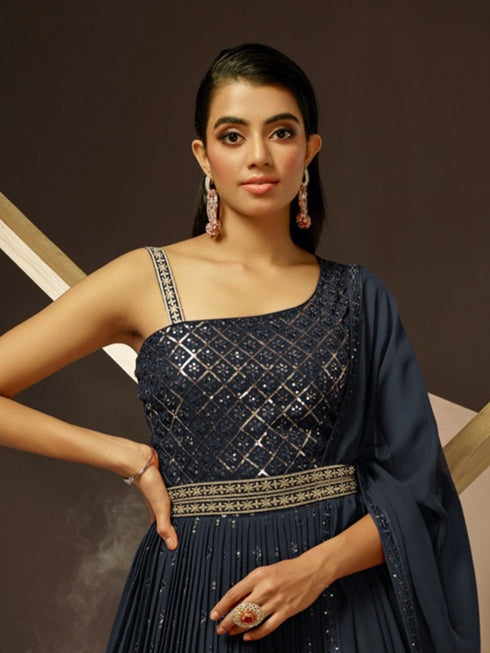 Navy Blue Heavy Georgette Anarkali Dress 195196 Closure View