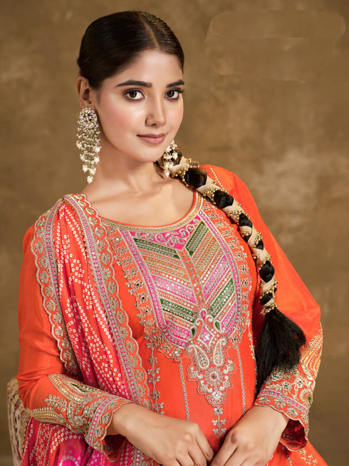 Orange Premium Fiber Chinnon Patiyala Dress 195197 Closure View