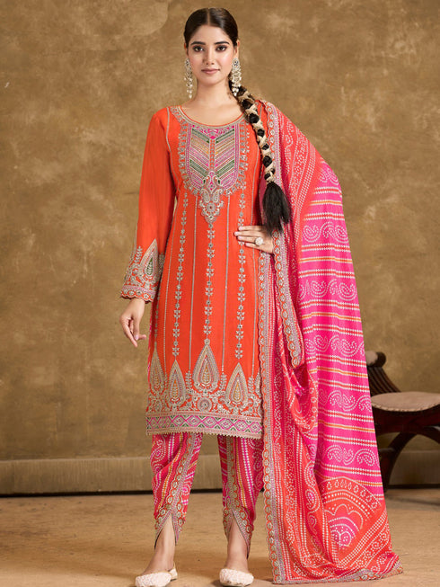 Orange Premium Fiber Chinnon Patiyala Dress 195197