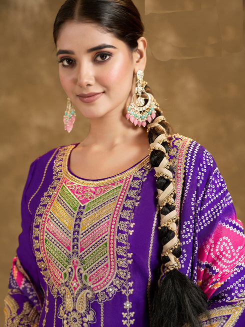 Purple Premium Fiber Chinnon Patiyala Dress 195198 Closure View