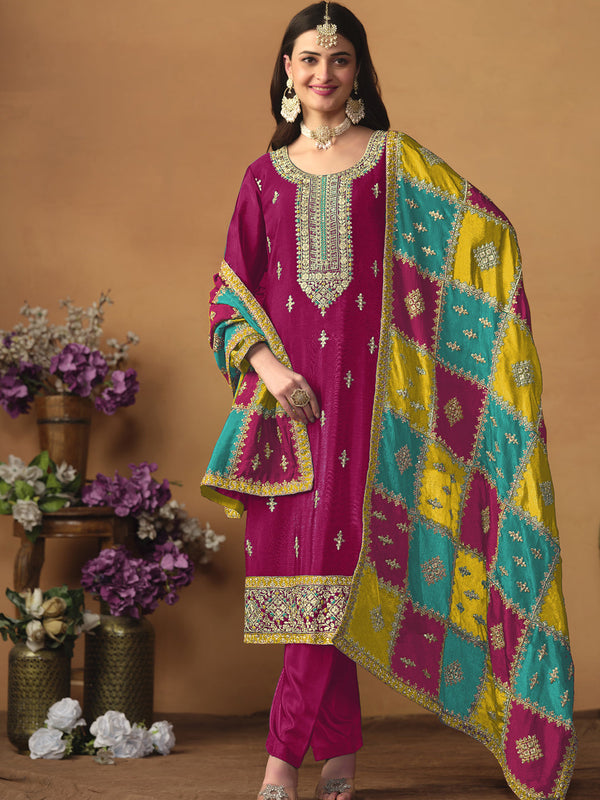 Rani Pink Chinon Silk Pant Suit 195206