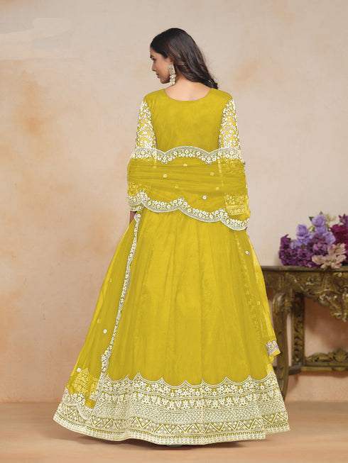Lemon Yellow Net Anarkali Dress 195208 Closure View
