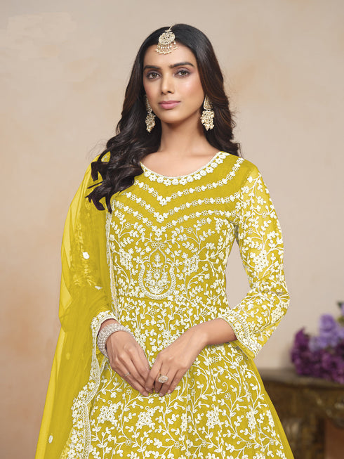 Lemon Yellow Net Anarkali Dress 195208 Back View