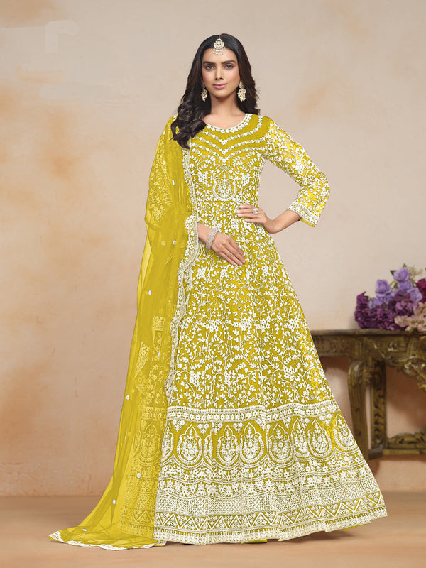 Lemon Yellow Net Anarkali Dress 195208