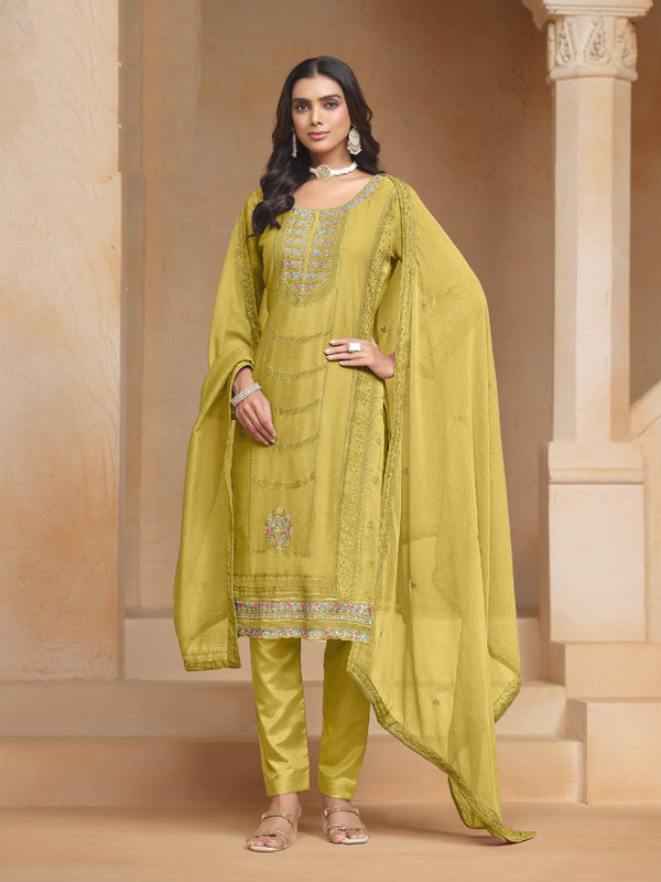 Mustard Organza Chiffon Pant Suit 195212