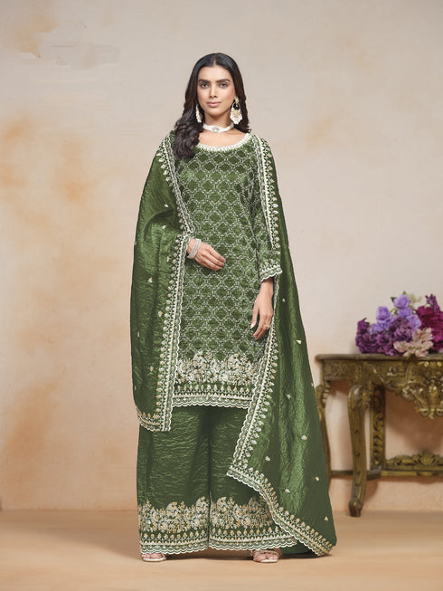 Mehendi Green Gold Crush Palazzo Suit 195301 Closure View