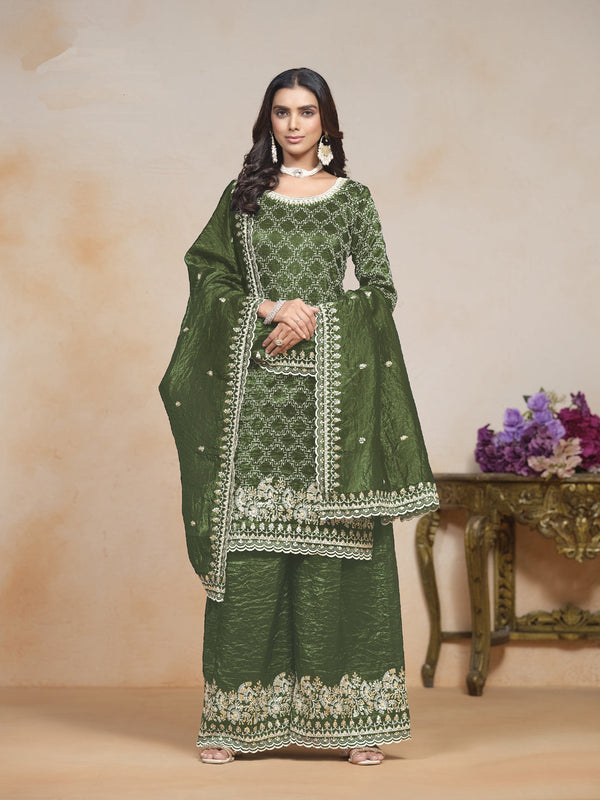 Mehendi Green Gold Crush Palazzo Suit 195301