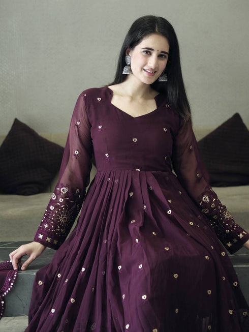 Wine Faux Georgette Anarkali Dress 195399 Closure View