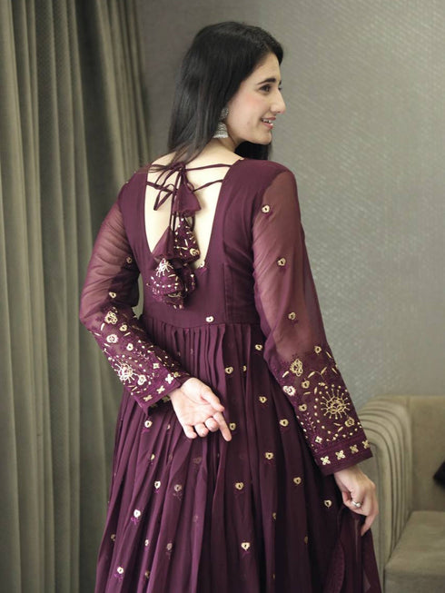 Wine Faux Georgette Anarkali Dress 195399 Back View