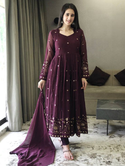 Wine Faux Georgette Anarkali Dress 195399