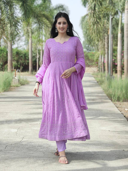 Lavender Faux Georgette Anarkali Dress 195400 Closure View