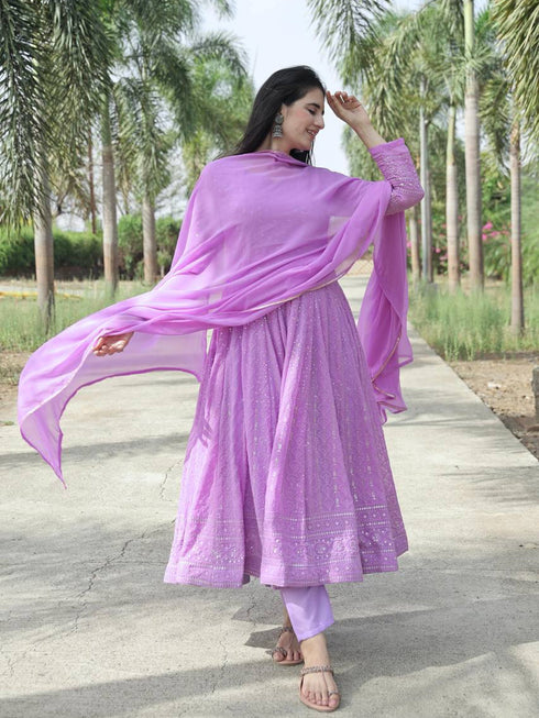 Lavender Faux Georgette Anarkali Dress 195400 Back View