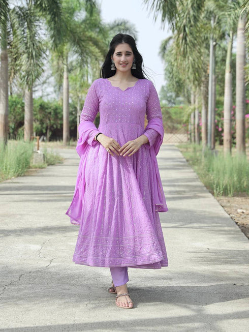 Lavender Faux Georgette Anarkali Dress 195400