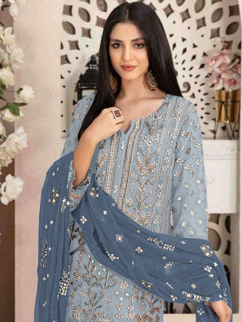 Sky Blue Heavy Fox Georgette Pant Suit 195519 Closure View