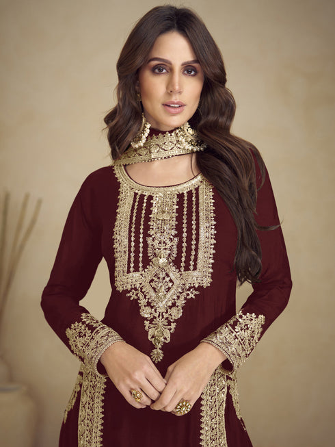 Maroon Heavy Fox Georgette Pant Suit 195523 Closure View