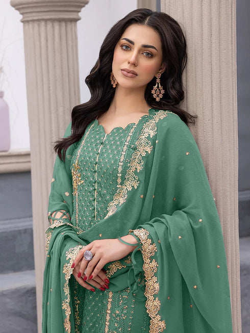 Green Georgette Pant Suit 195648 Closure View