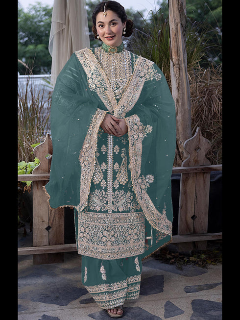 Aqua Green Heavy Fox Georgette Palazzo Suit 195680 Closure View