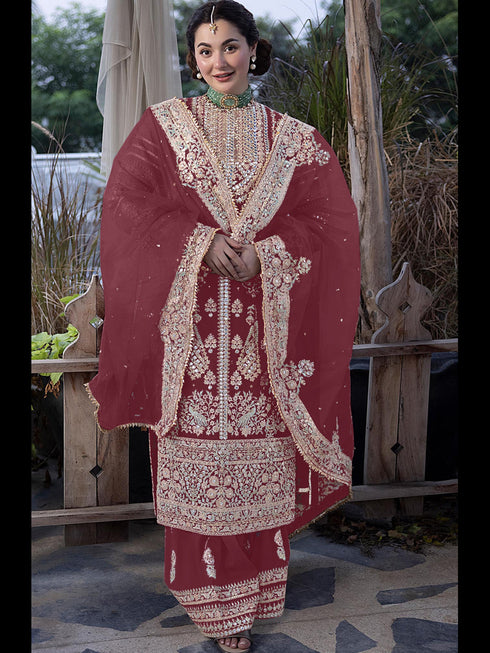 Maroon Heavy Fox Georgette Palazzo Suit 195683 Closure View