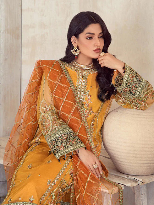 Yellow Heavy Soft Organza Pant Suit 195684 Closure View