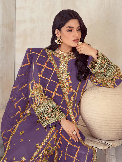 Purple Heavy Soft Organza Pant Suit 195686 Closure View